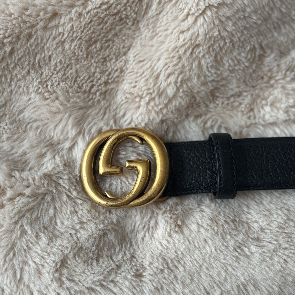 Gucci Black and Gold Leather Belt with Iconic GG Buckle , Authentic